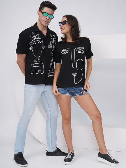 Couple Embroidered Black Set – Shirt & T-Shirt -KD006