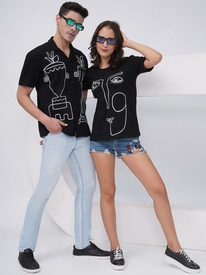 Couple Embroidered Black Set – Shirt & T-Shirt -KD006