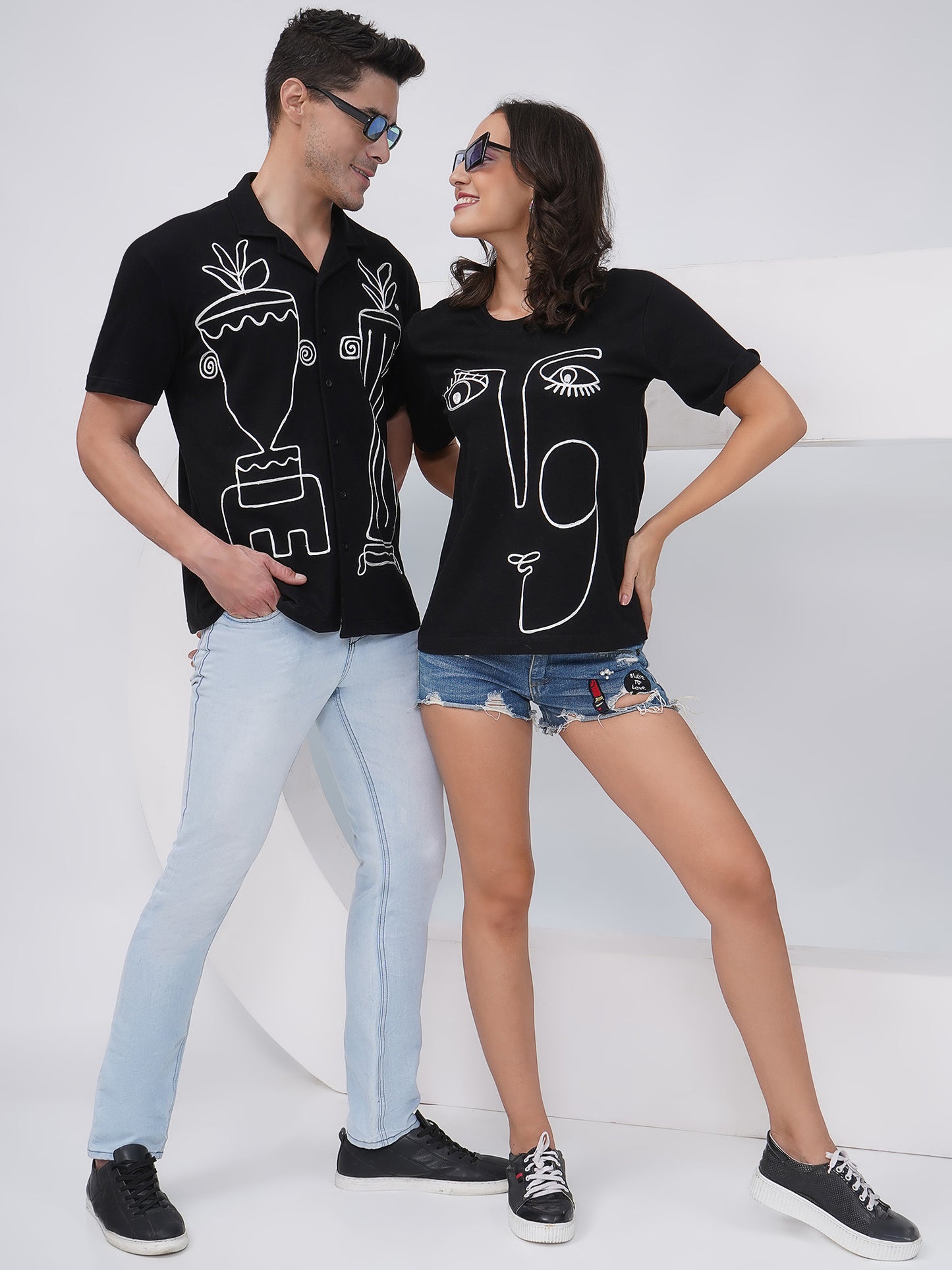Couple Embroidered Black Set – Shirt & T-Shirt -KD006