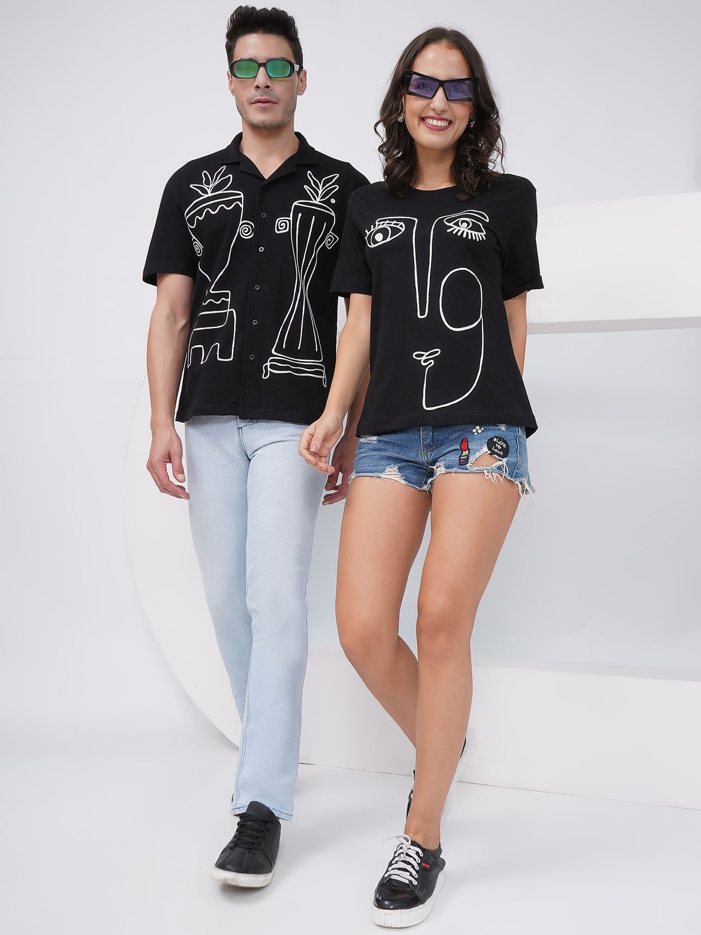 Couple Embroidered Black Set – Shirt & T-Shirt -KD006
