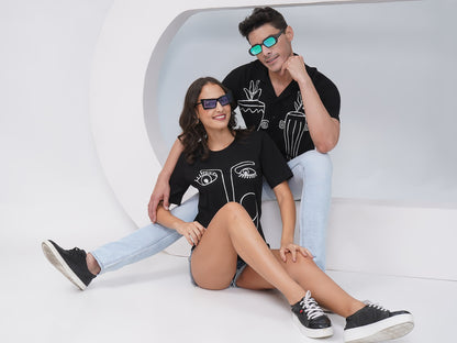 Couple Embroidered Black Set – Shirt & T-Shirt -KD006