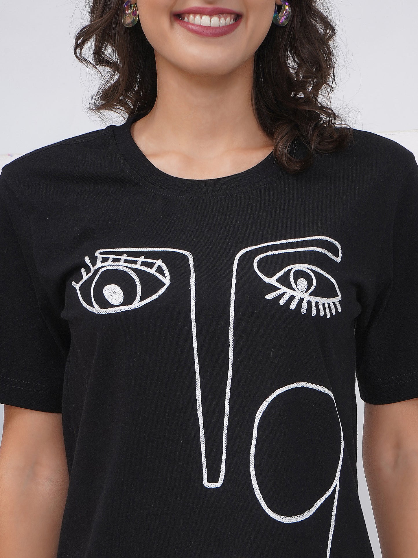 Women's Black Regular Fit Embroidered T-Shirt – KWRT008