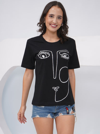 Women's Black Regular Fit Embroidered T-Shirt – KWRT008