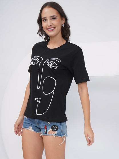 Women's Black Regular Fit Embroidered T-Shirt – KWRT008