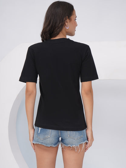 Women's Black Regular Fit Embroidered T-Shirt – KWRT008
