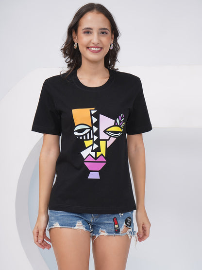 Women's Black Regular Fit Graphic T-Shirt – KWRT009