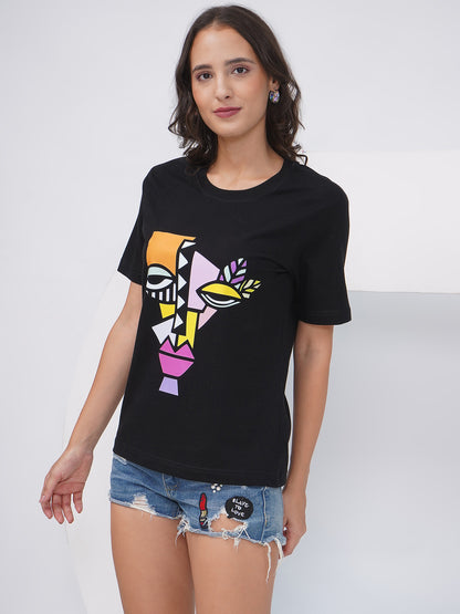 Women's Black Regular Fit Graphic T-Shirt – KWRT009