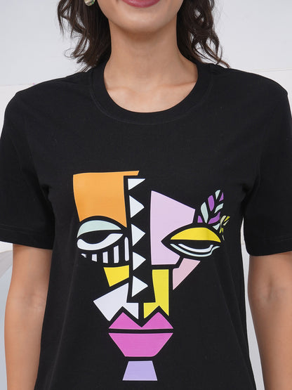 Women's Black Regular Fit Graphic T-Shirt – KWRT009