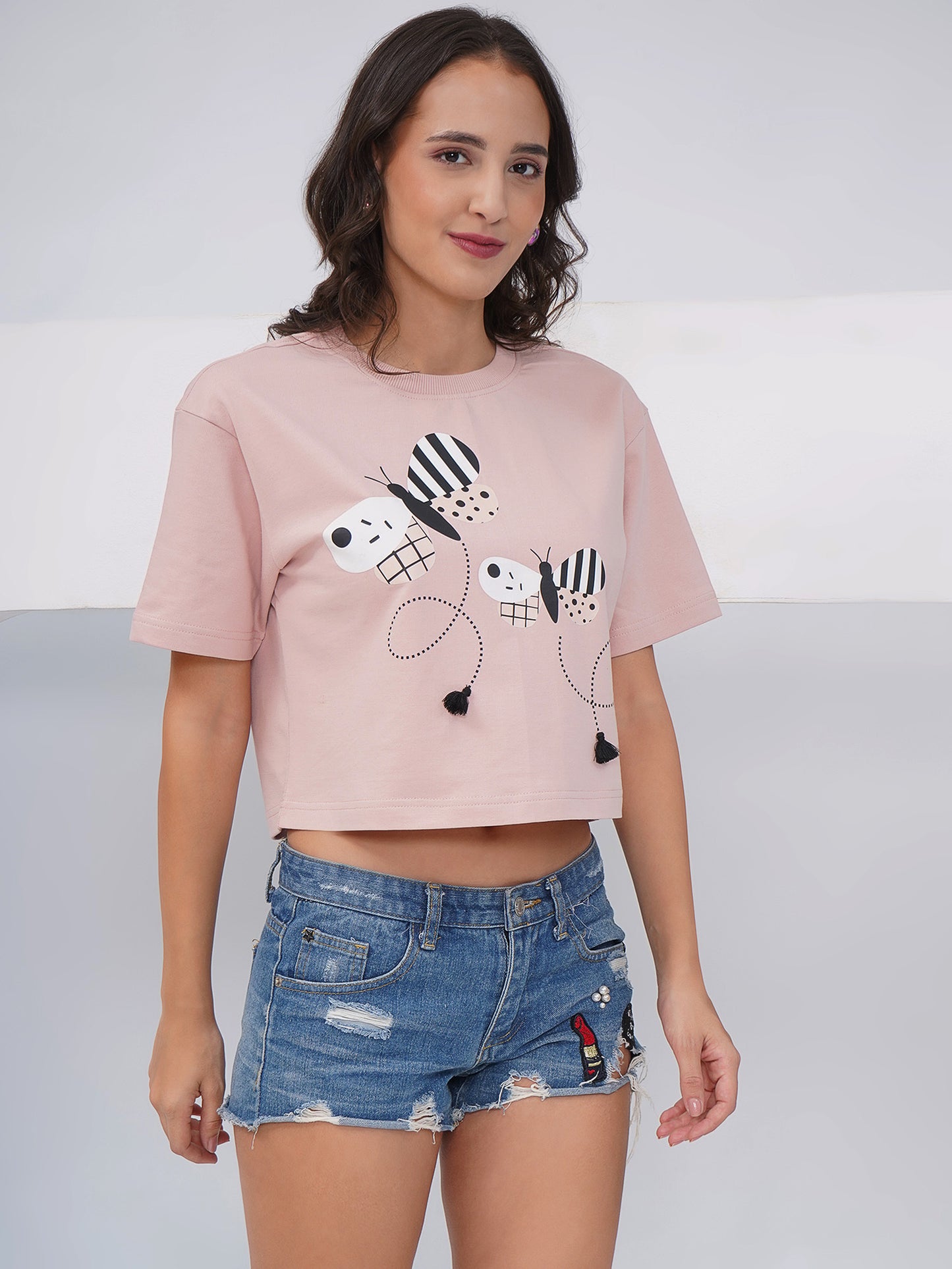 Pink Butterfly Print Oversized Crop Top-KWCT002