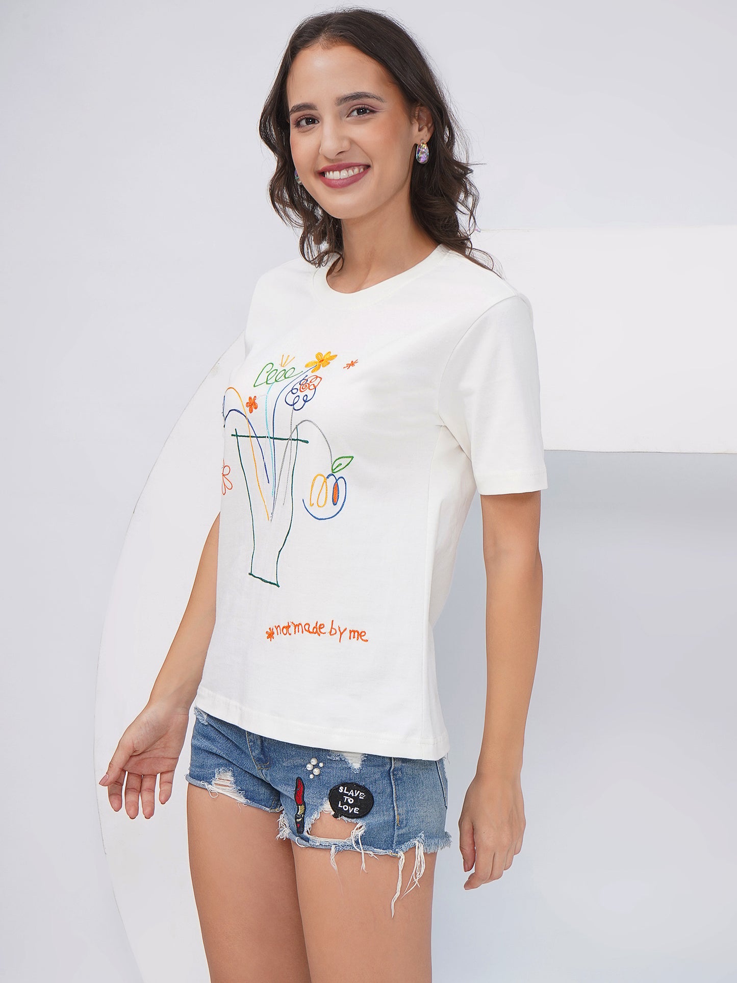 Women's Off-White Embroidered Regular Fit T-Shirt - KWRT010