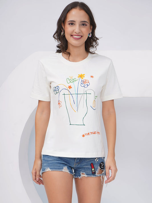 Women's Off-White Embroidered Regular Fit T-Shirt - KWRT010