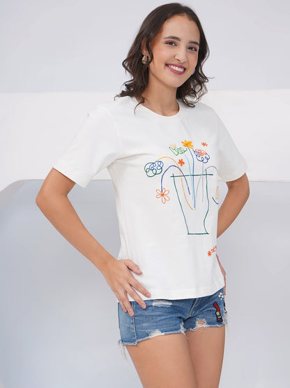 Women's Off-White Embroidered Regular Fit T-Shirt - KWRT010