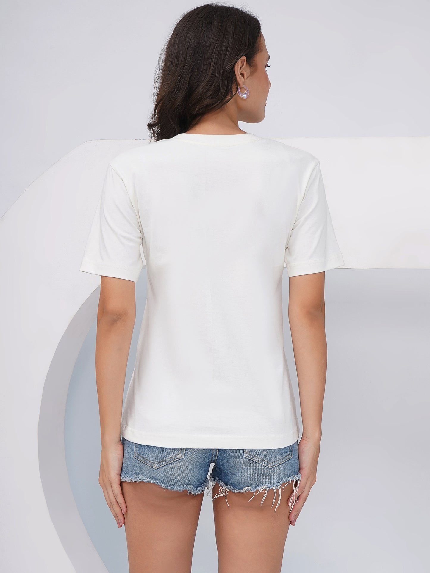 Women's Off-White Embroidered Regular Fit T-Shirt - KWRT010