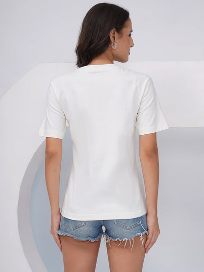 Women's Off White Graphic Printed Regular Fit T-Shirt-KWRT012