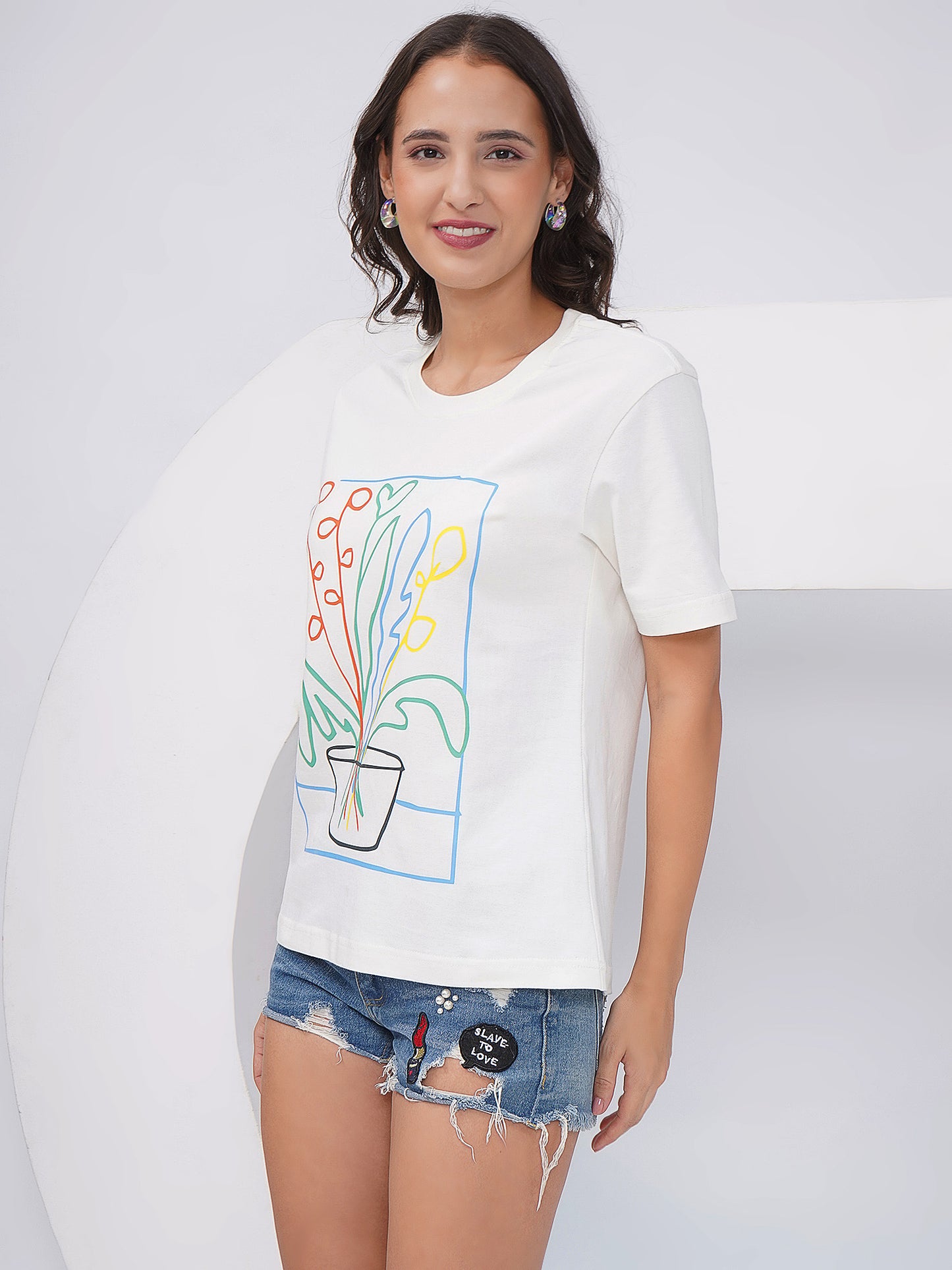 Women's Off White Graphic Printed Regular Fit T-Shirt-KWRT012