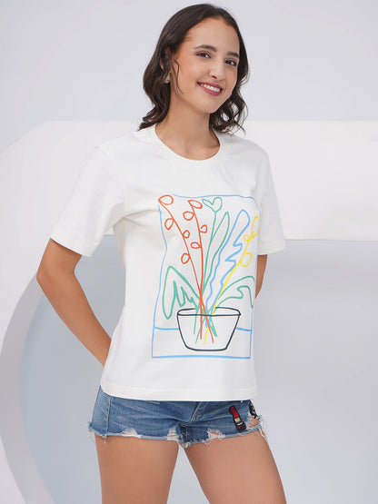 Women's Off White Graphic Printed Regular Fit T-Shirt-KWRT012
