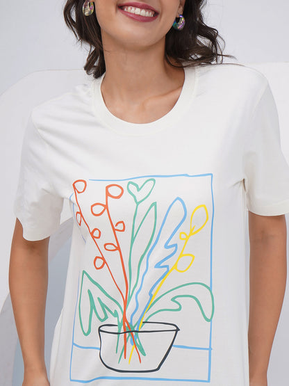 Women's Off White Graphic Printed Regular Fit T-Shirt-KWRT012