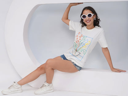 Women's Off White Graphic Printed Regular Fit T-Shirt-KWRT012