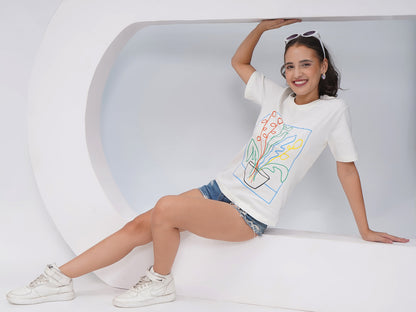 Women's Off White Graphic Printed Regular Fit T-Shirt-KWRT012