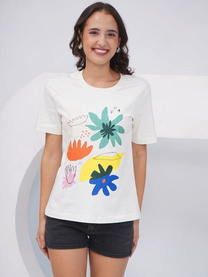 Women's Off-White Abstract Floral Printed Regular Fit T-Shirt-KWRT011