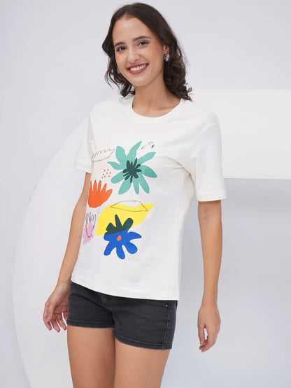 Women's Off-White Abstract Floral Printed Regular Fit T-Shirt-KWRT011