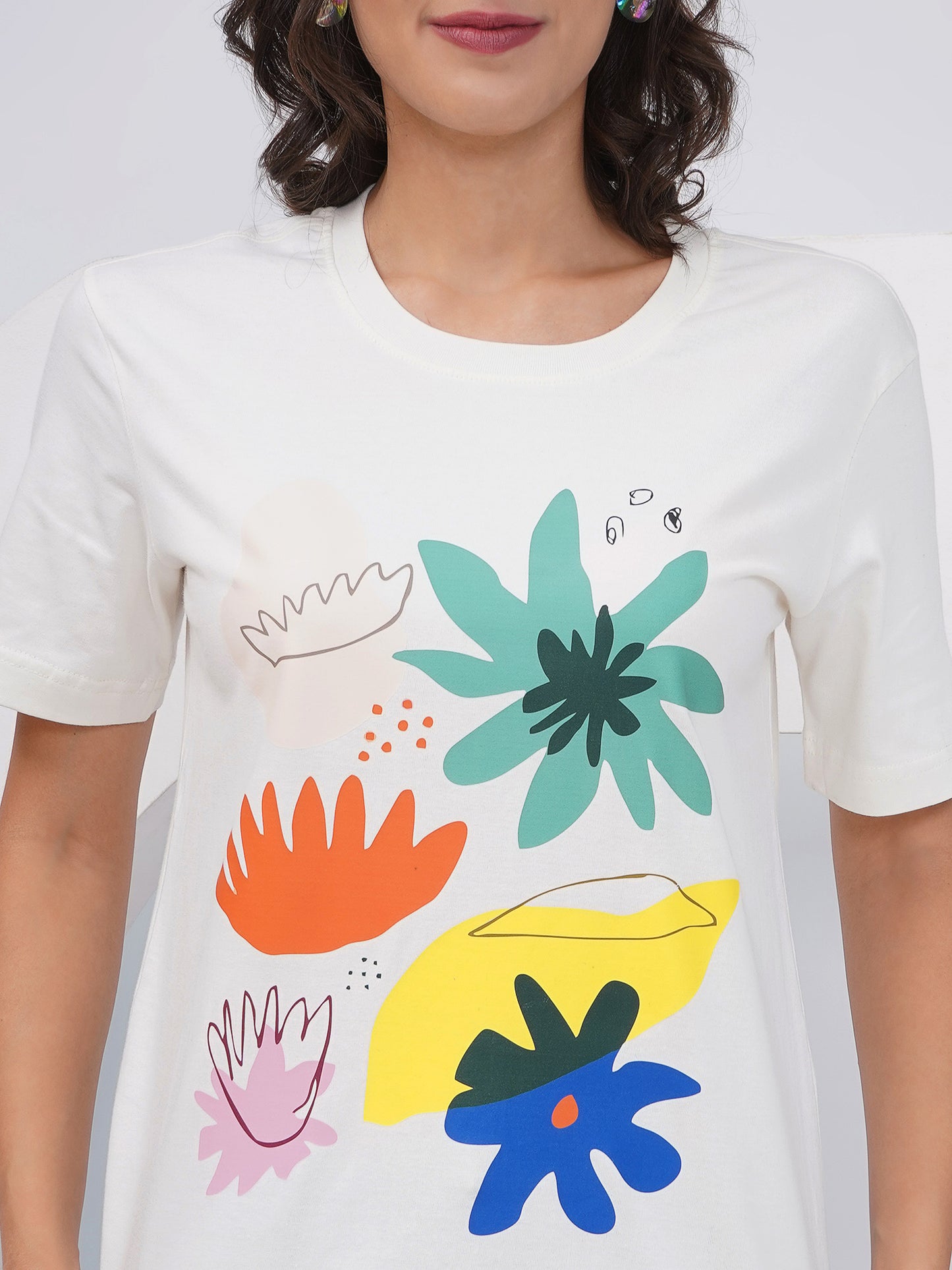 Women's Off-White Abstract Floral Printed Regular Fit T-Shirt-KWRT011