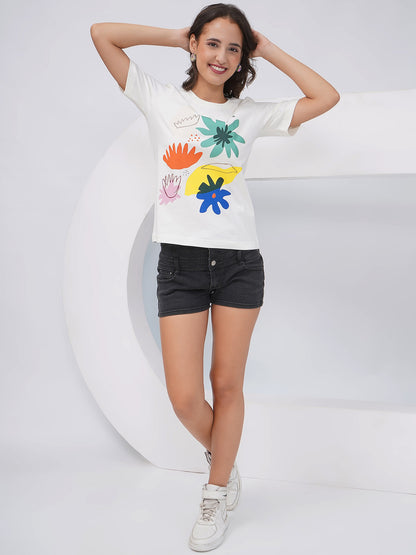 Women's Off-White Abstract Floral Printed Regular Fit T-Shirt-KWRT011