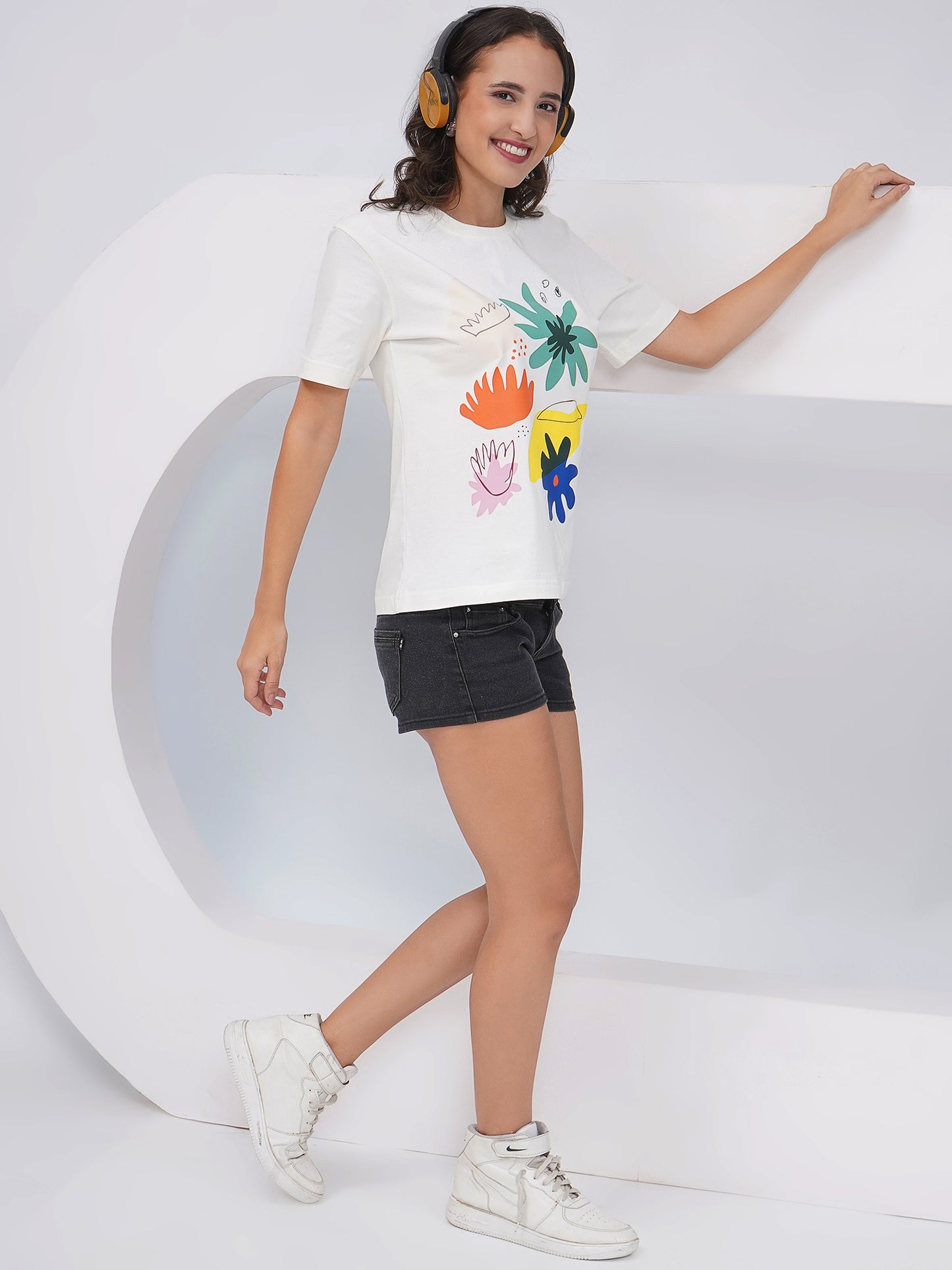 Women's Off-White Abstract Floral Printed Regular Fit T-Shirt-KWRT011