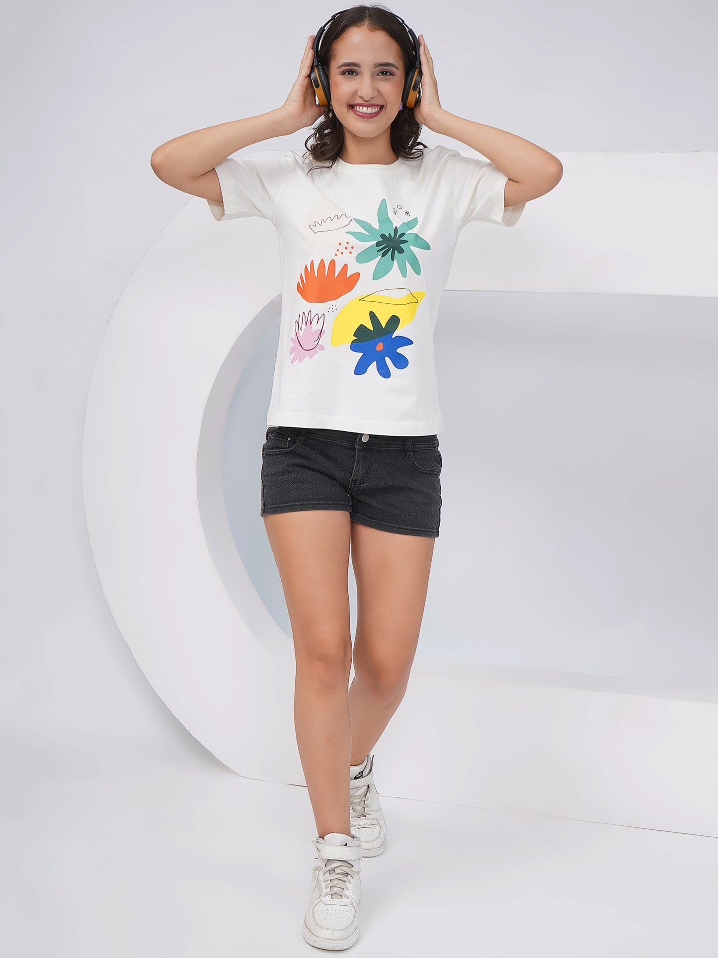 Women's Off-White Abstract Floral Printed Regular Fit T-Shirt-KWRT011