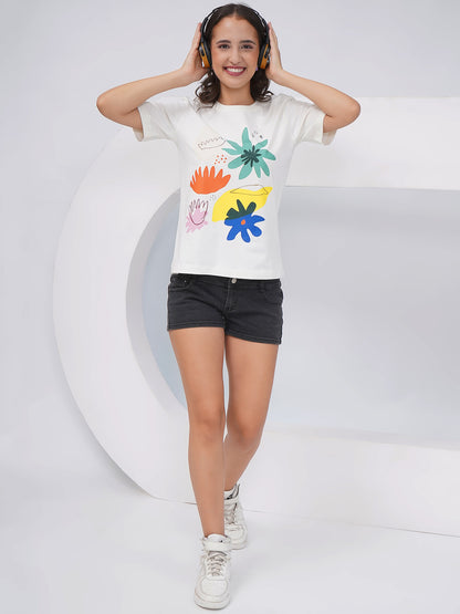 Women's Off-White Abstract Floral Printed Regular Fit T-Shirt-KWRT011