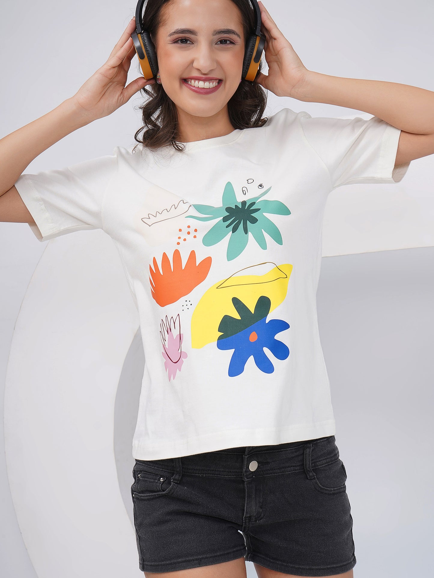 Women's Off-White Abstract Floral Printed Regular Fit T-Shirt-KWRT011
