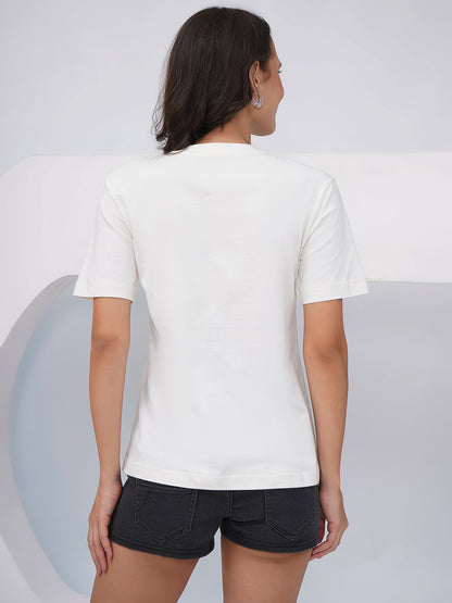 Women's Off-White Abstract Floral Printed Regular Fit T-Shirt-KWRT011