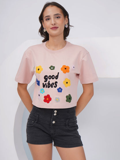 Blush Pink “Good Vibes” Embroidered Oversized Crop Top-KWCT003