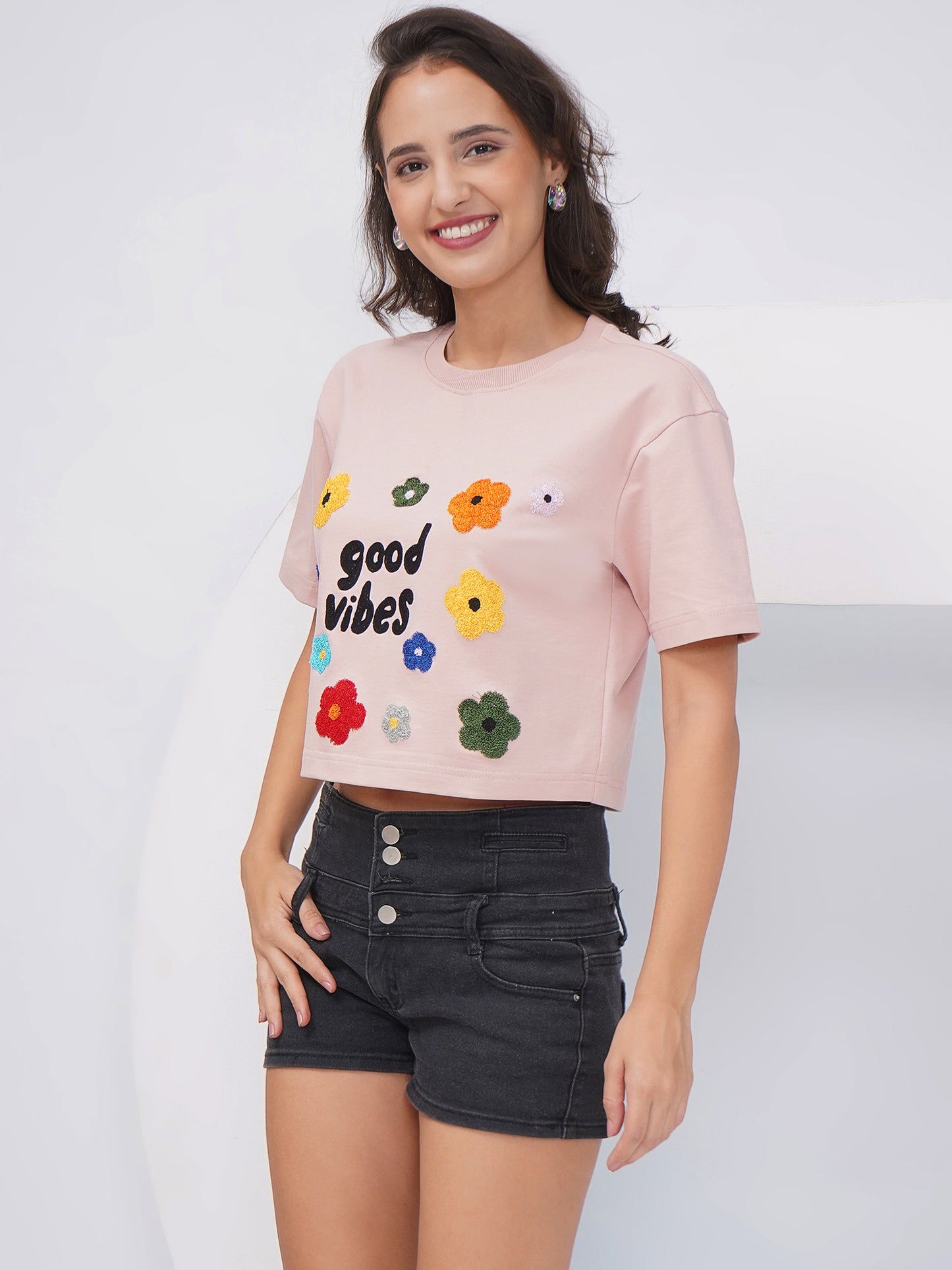Blush Pink “Good Vibes” Embroidered Oversized Crop Top-KWCT003