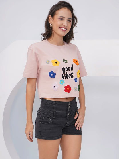 Blush Pink “Good Vibes” Embroidered Oversized Crop Top-KWCT003