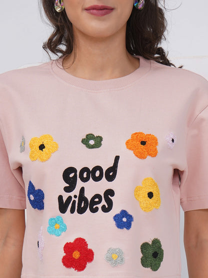 Blush Pink “Good Vibes” Embroidered Oversized Crop Top-KWCT003