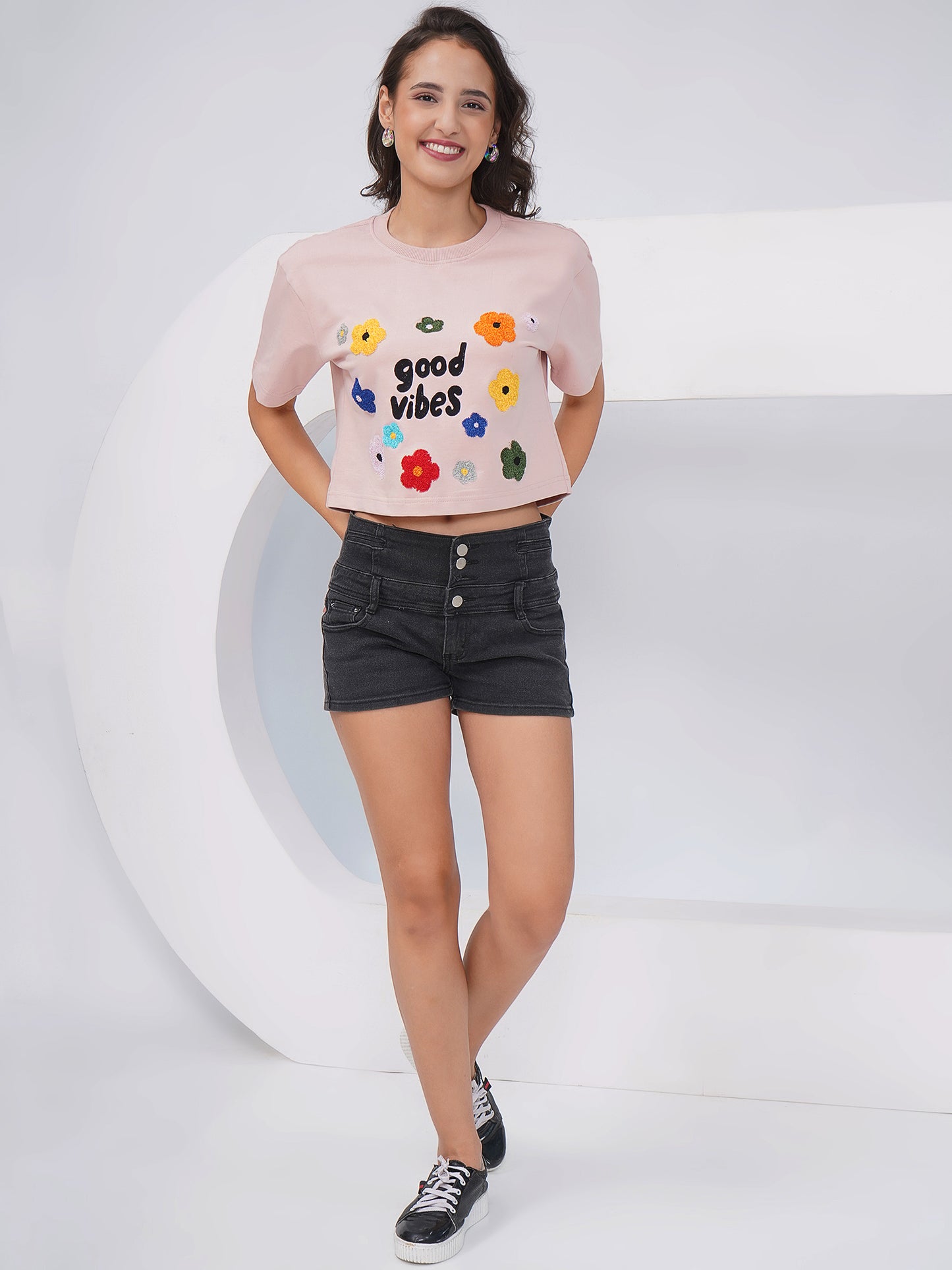 Blush Pink “Good Vibes” Embroidered Oversized Crop Top-KWCT003