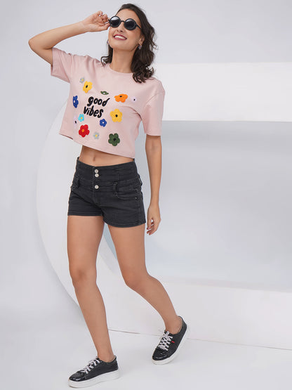 Blush Pink “Good Vibes” Embroidered Oversized Crop Top-KWCT003