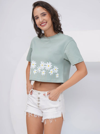 Sage Green Daisy Print Oversized Crop Top