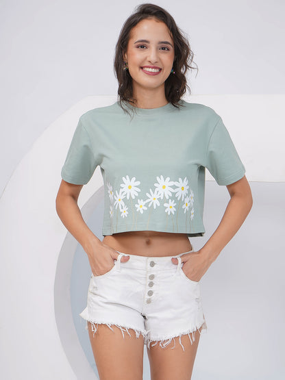 Sage Green Daisy Print Oversized Crop Top