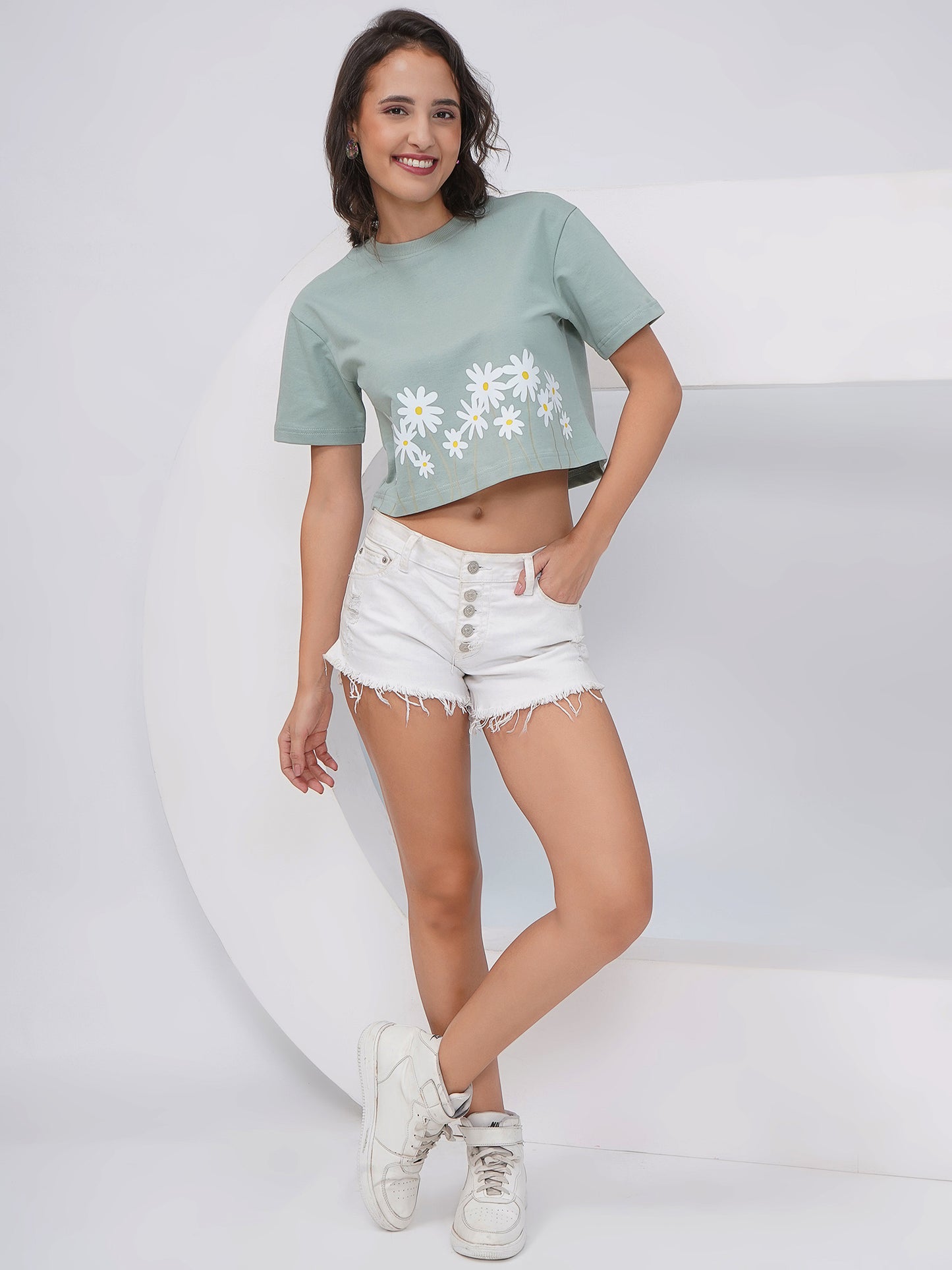 Sage Green Daisy Print Oversized Crop Top