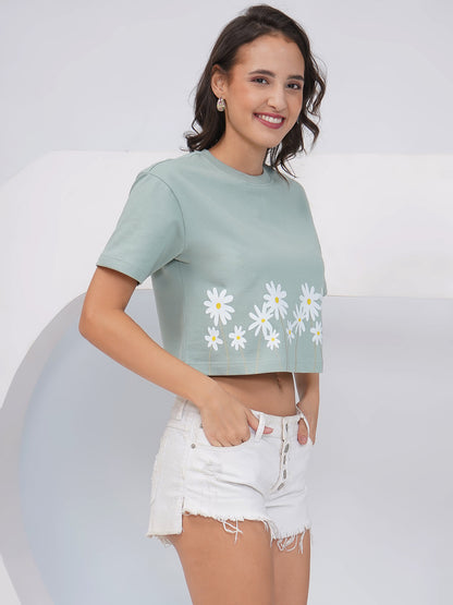Sage Green Daisy Print Oversized Crop Top