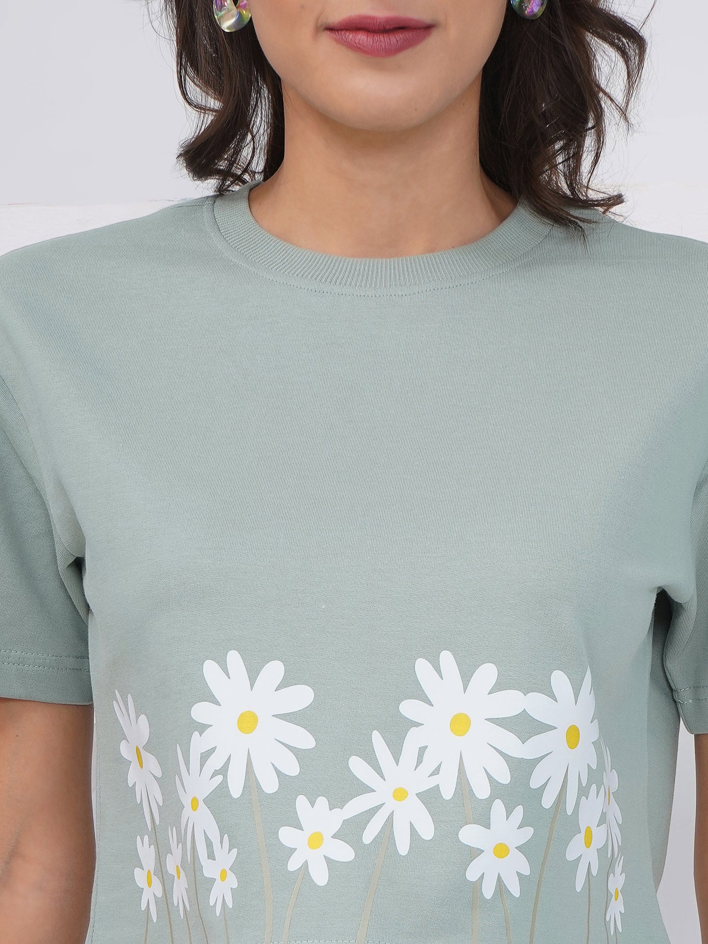 Sage Green Daisy Print Oversized Crop Top