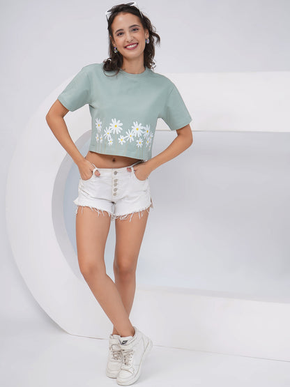 Sage Green Daisy Print Oversized Crop Top