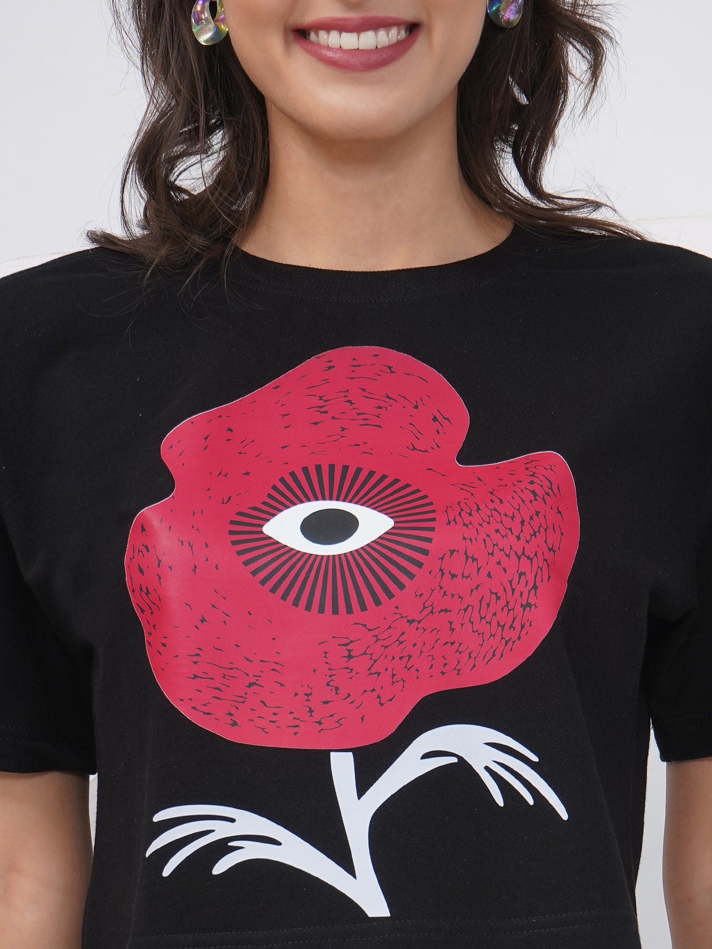 Black Oversized Graphic Print Crop Top- KWCT005