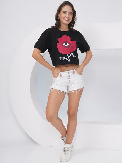 Black Oversized Graphic Print Crop Top- KWCT005