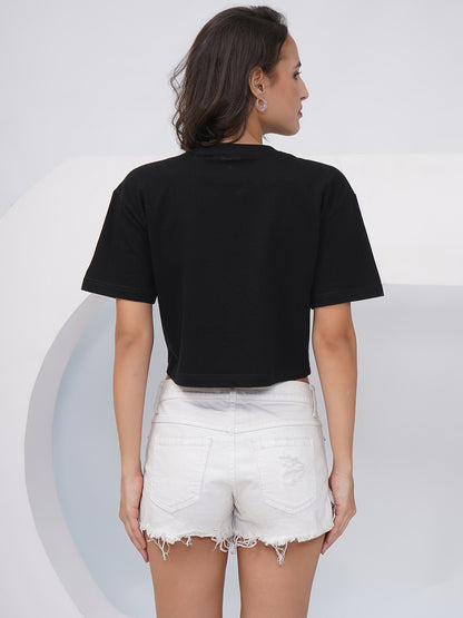 Black Oversized Graphic Print Crop Top- KWCT005