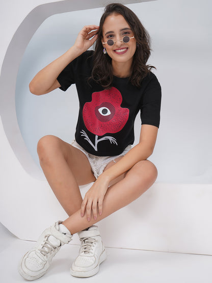 Black Oversized Graphic Print Crop Top- KWCT005