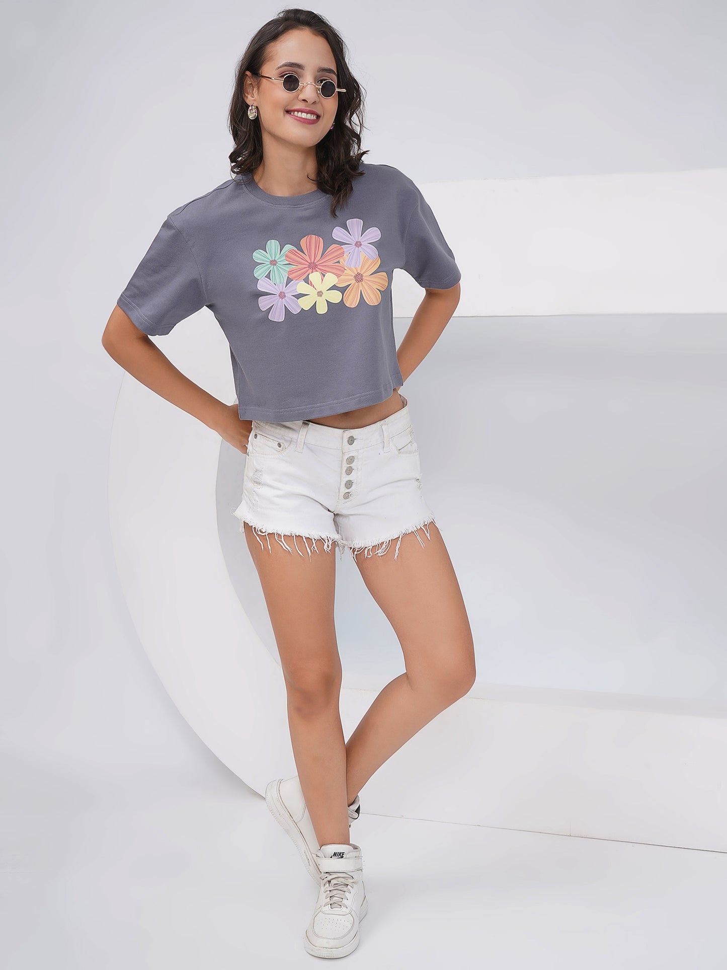 Grey Oversized Multicolor Floral Graphic Crop Top- KWCT006