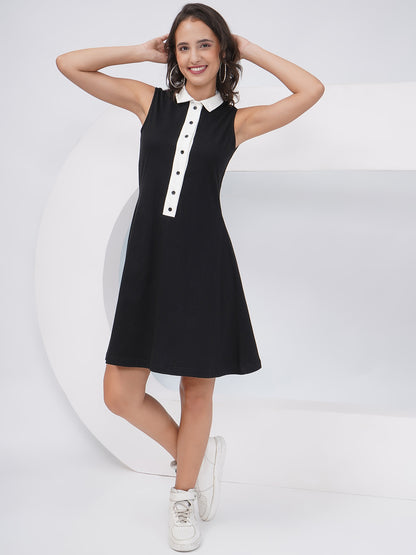 Sleeveless Black A-Line Dress with Contrast Collar- KWD004